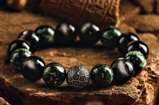 Glory’s Crest Men's Bracelet-Seraphinite&Obsidian-Silvery 14mm