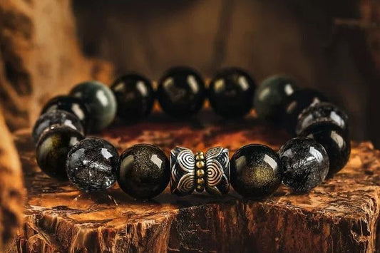 Mystic Radiance Men's Bracelet-Rutilated Quartz&Obsidian-Gold 12mm