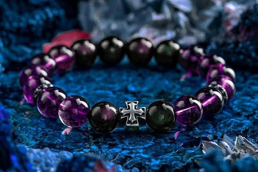 Mystic Shield Men's Bracelet-Amethyst&Obsidian 10mm