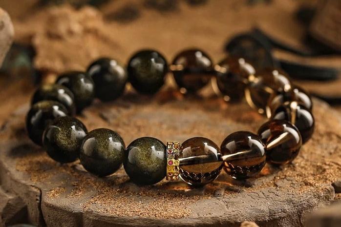 Dreamweaver's Fortune Men's Bracelet-Smoky Crystal&Obsidian-Gold 12mm