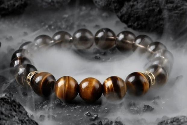 Warrior's Eye Men's Bracelet-Tiger's Eye&Smoky Crystal 10mm