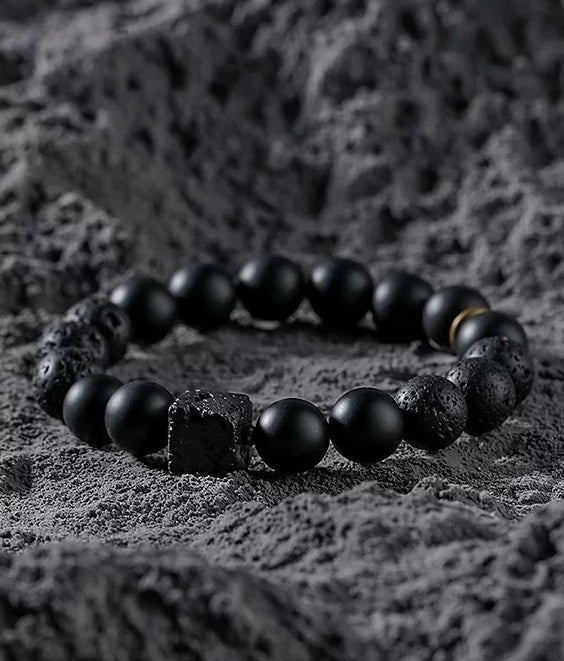 Tales of the Ember Guardian Men's Bracelet-Black Onyx&Black Shungite&Volcanic Rock 10mm