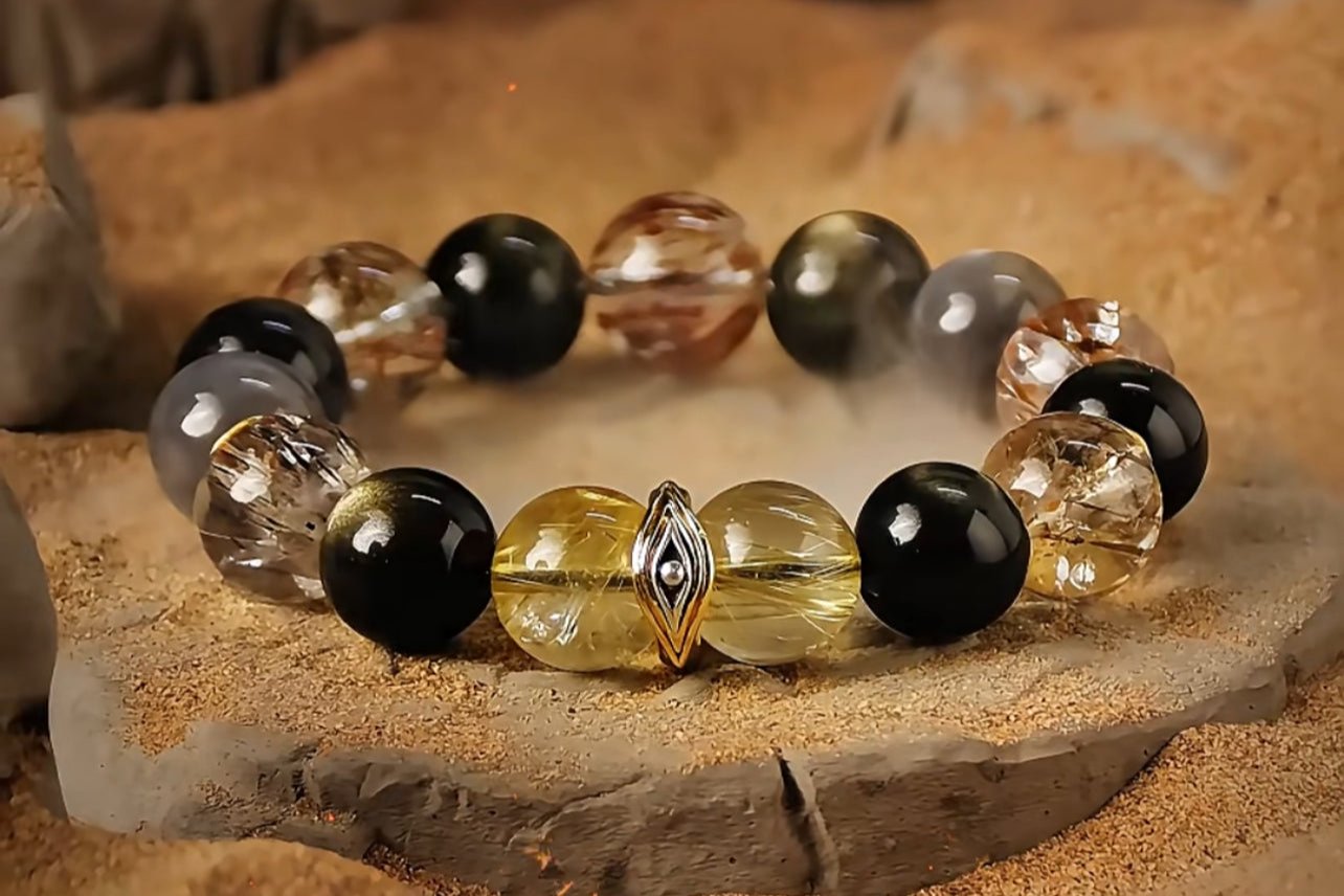 The Golden Path of Power Men's Bracelet-Black-Gold Phantom Crystal &Obsidian-Gold 12mm