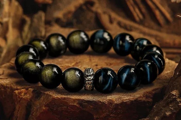 Dragon’s Pact Men's Bracelet-Wolf's Eye&Obsidian-Gold 12mm