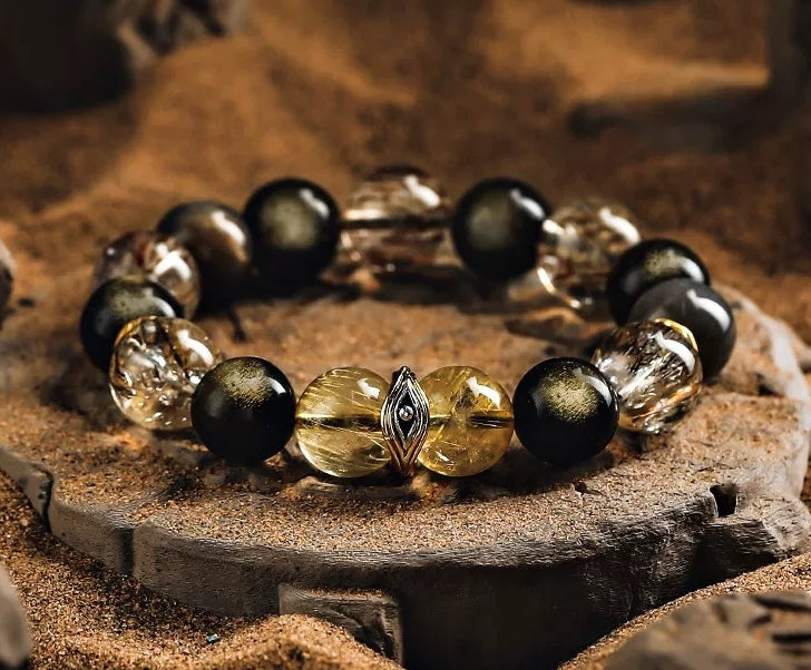 The Golden Path of Power Men's Bracelet-Black-Gold Phantom Crystal &Obsidian-Gold 12mm