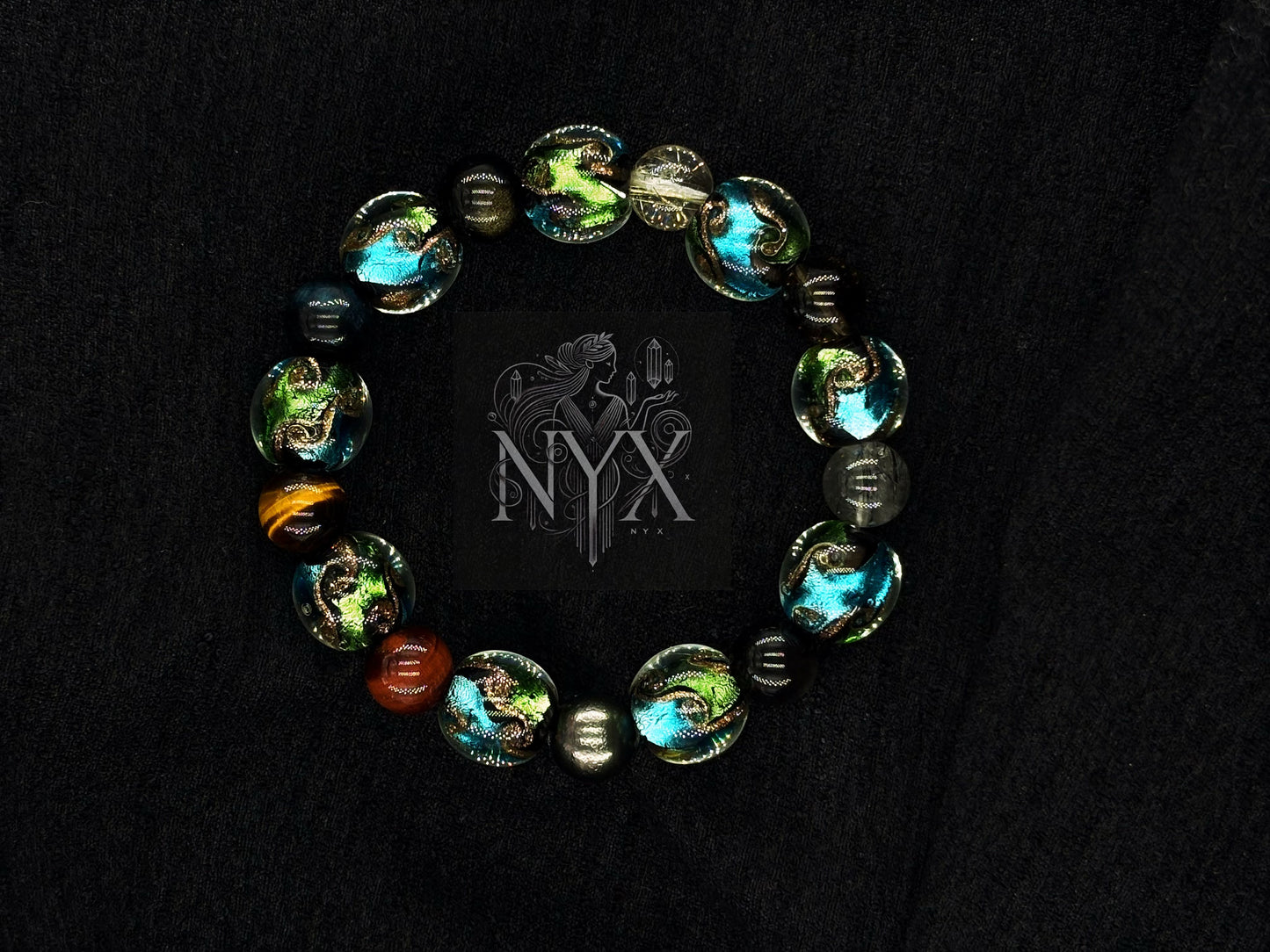 Ten Orbs of Destiny Men's Bracelet-Lapis Glass&Tiger's Eye&Dragon's Eye&Smoky Quartz&Silver Obsidian&Gold Obsidian&Tahitian Pearl&Black Rutilated Quartz&Golden Rutilated Quartz&Wolf's Eye 12-16mm