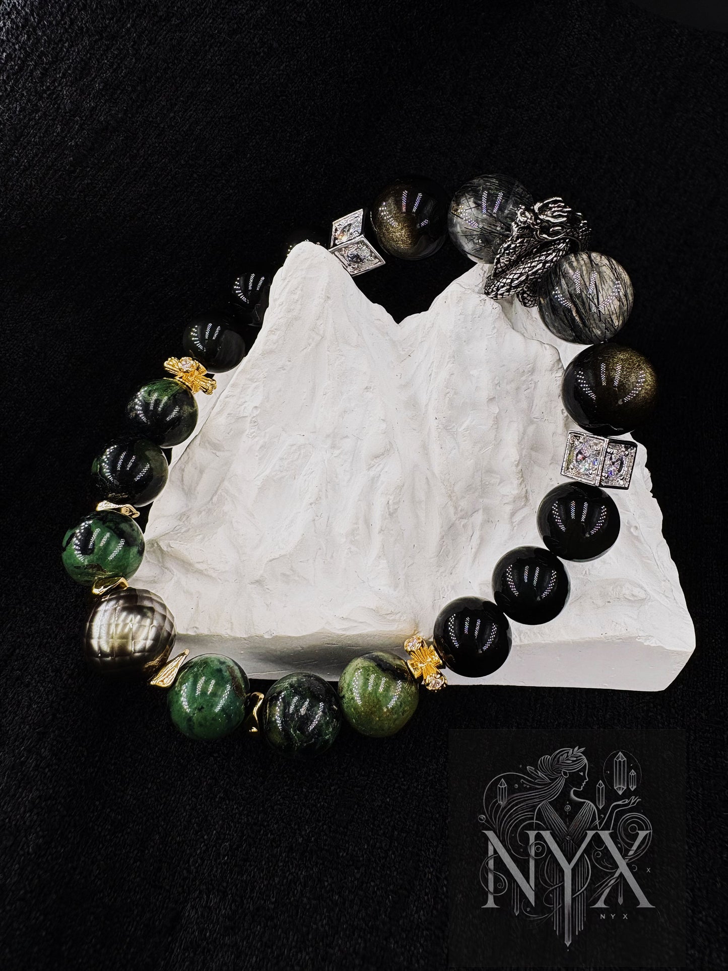 Dragon Soars Through the Nine Heavens Men's Bracelet-Black Rutilated Quartz&Gold Obsidian&Green Ghost Obsidian&Malachite&Tahitian Pearl&Black Dragon Warrior 10-12mm