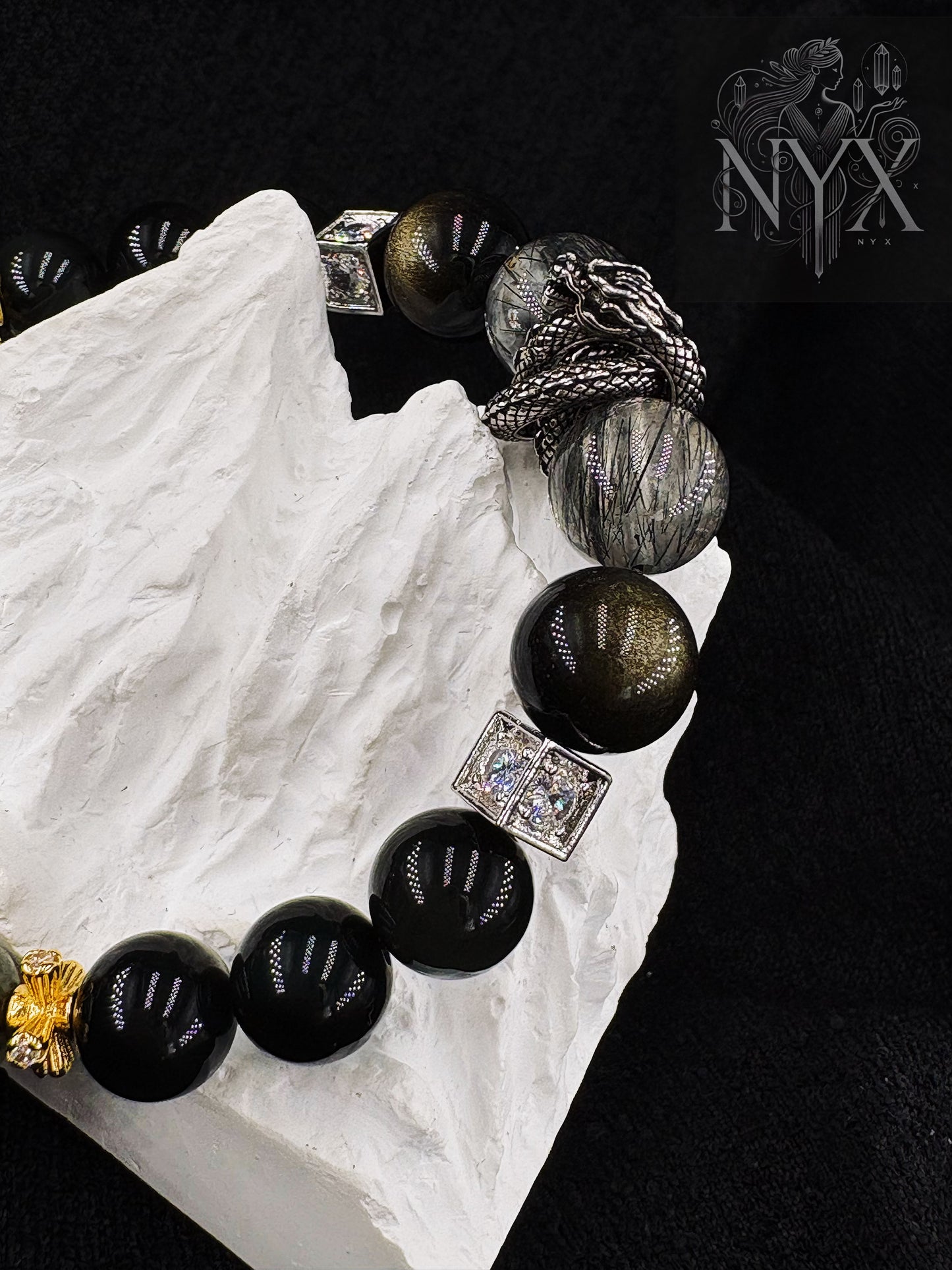 Dragon Soars Through the Nine Heavens Men's Bracelet-Black Rutilated Quartz&Gold Obsidian&Green Ghost Obsidian&Malachite&Tahitian Pearl&Black Dragon Warrior 10-12mm