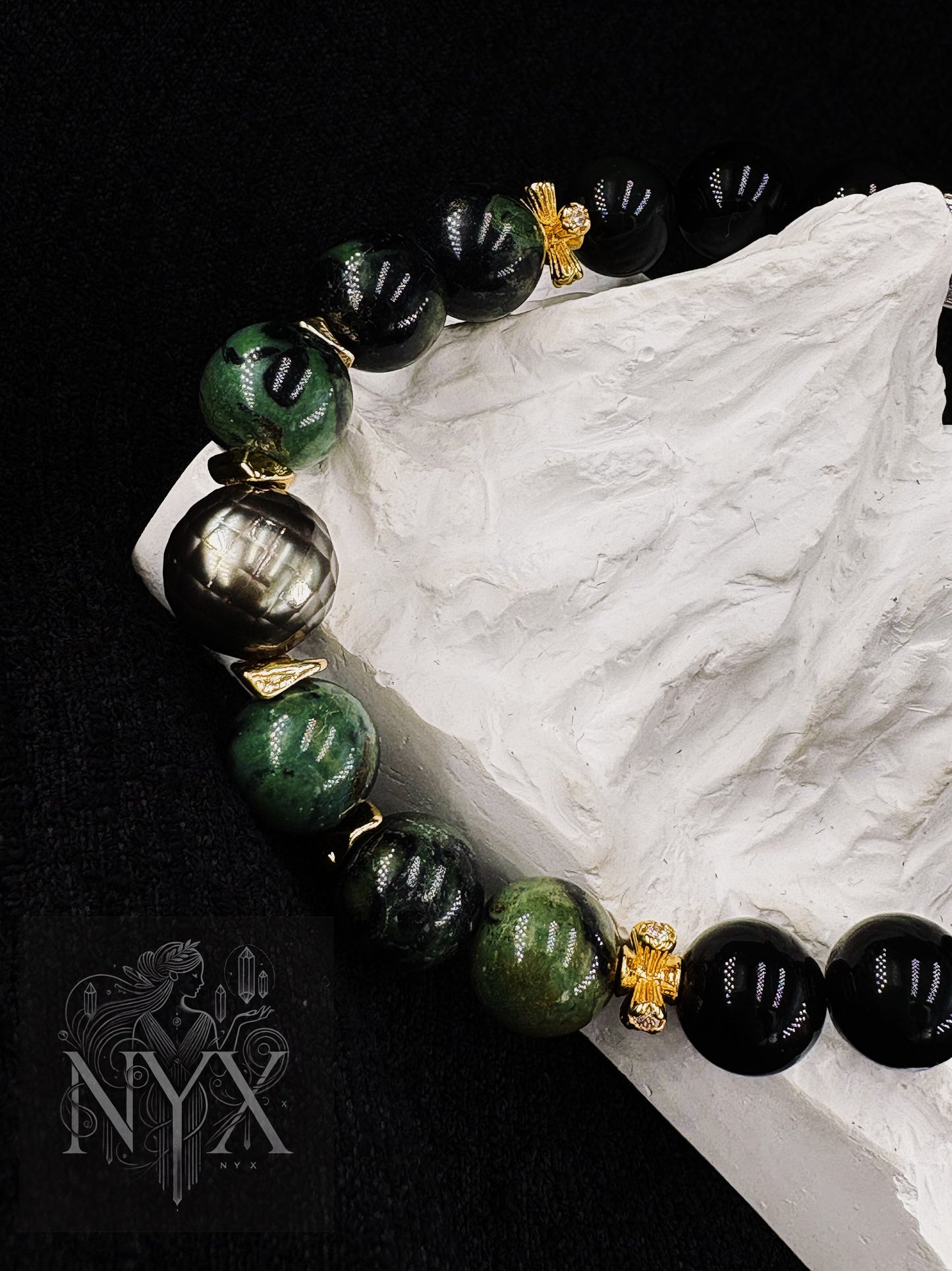 Dragon Soars Through the Nine Heavens Men's Bracelet-Black Rutilated Quartz&Gold Obsidian&Green Ghost Obsidian&Malachite&Tahitian Pearl&Black Dragon Warrior 10-12mm