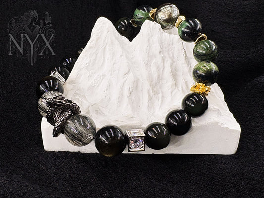 Dragon Soars Through the Nine Heavens Men's Bracelet-Black Rutilated Quartz&Gold Obsidian&Green Ghost Obsidian&Malachite&Tahitian Pearl&Black Dragon Warrior 10-12mm