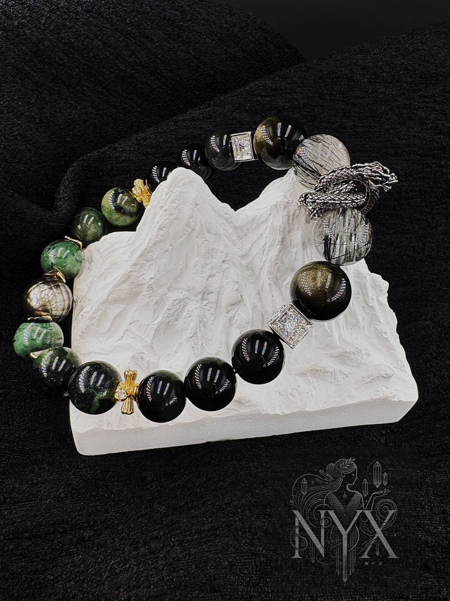 Dragon Soars Through the Nine Heavens Men's Bracelet-Black Rutilated Quartz&Gold Obsidian&Green Ghost Obsidian&Malachite&Tahitian Pearl&Black Dragon Warrior 10-12mm