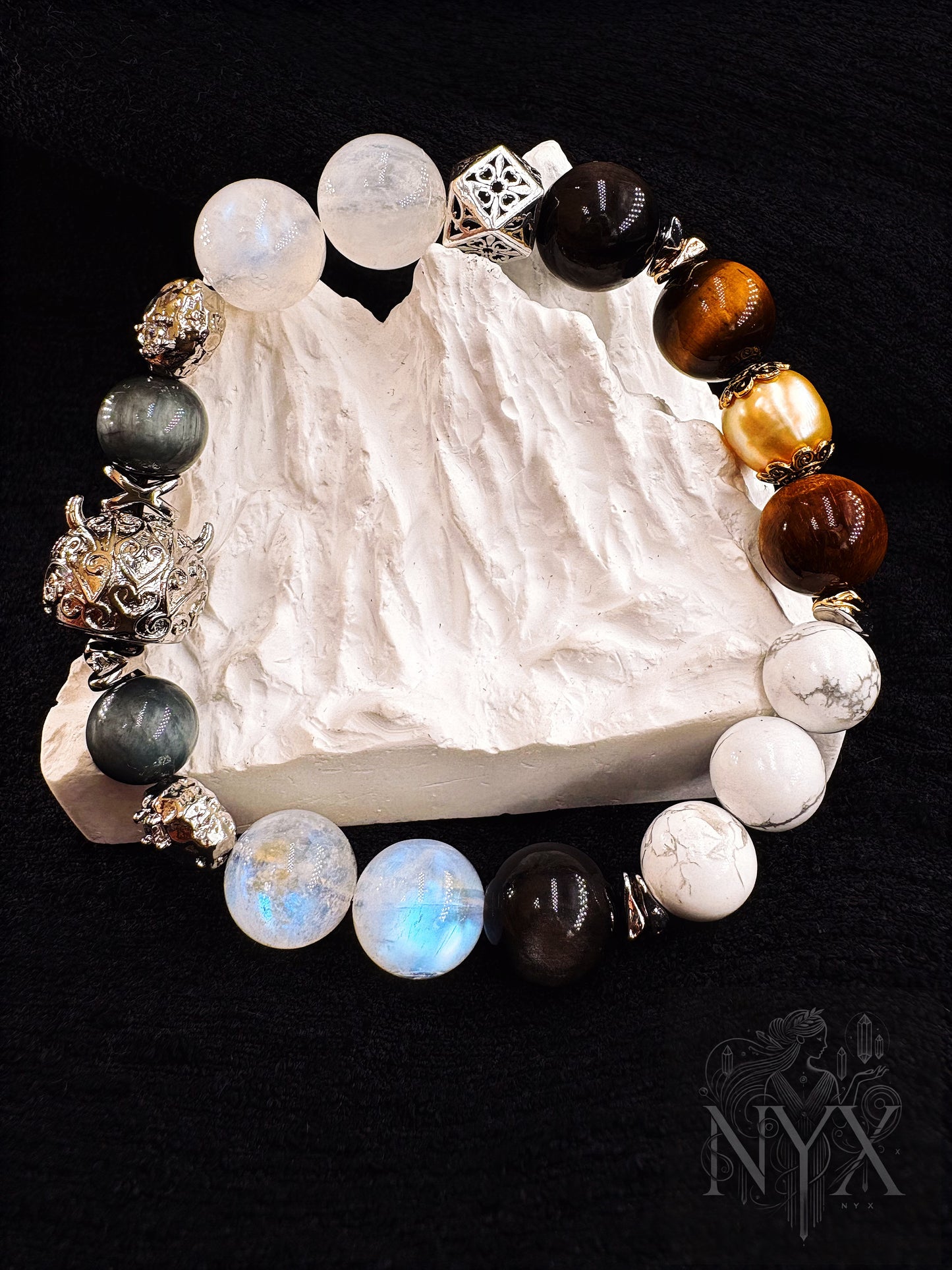 Seven Star Guardian Men's Bracelet-Tiger’s Eye, South Sea Golden Pearl, Blue Moonstone, Silver Obsidian, White Howlite, Silicitied Crocidolite, and Wolf's Eye 12mm