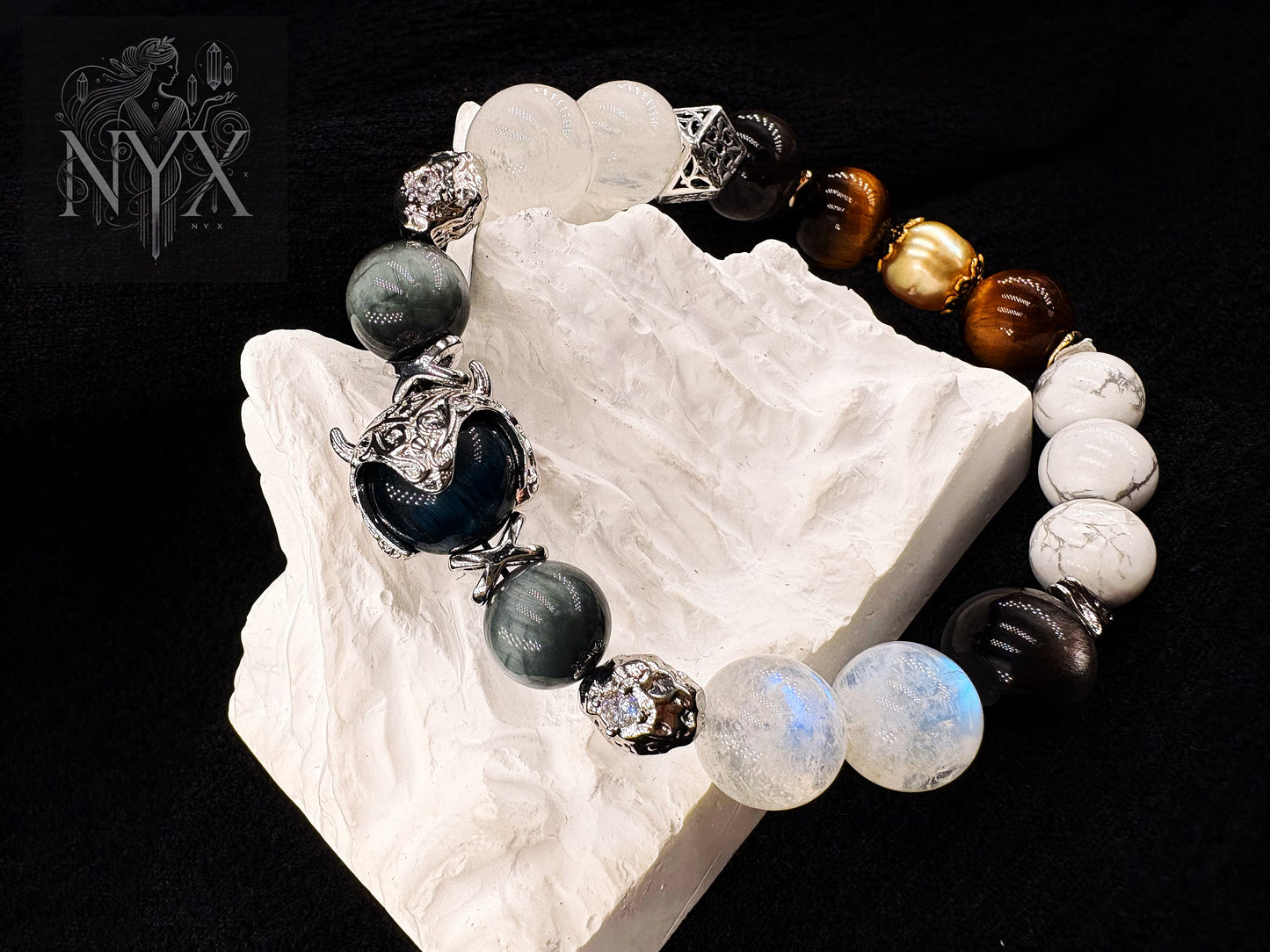 Seven Star Guardian Men's Bracelet-Tiger’s Eye, South Sea Golden Pearl, Blue Moonstone, Silver Obsidian, White Howlite, Silicitied Crocidolite, and Wolf's Eye 12mm