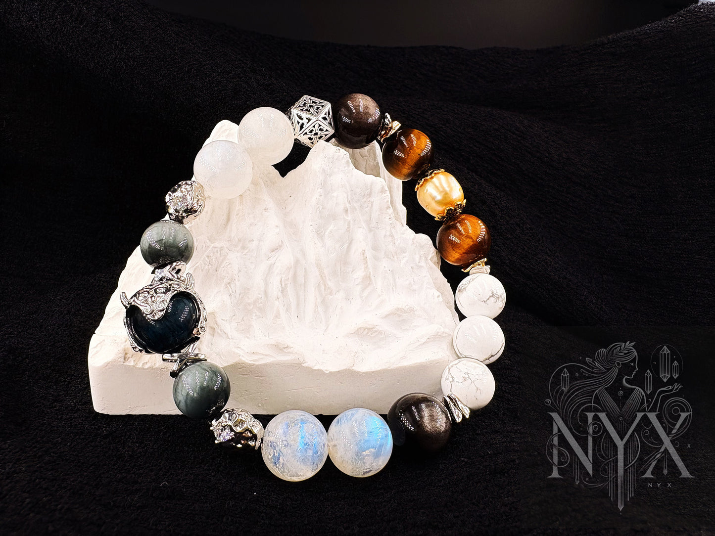 Seven Star Guardian Men's Bracelet-Tiger’s Eye, South Sea Golden Pearl, Blue Moonstone, Silver Obsidian, White Howlite, Silicitied Crocidolite, and Wolf's Eye 12mm