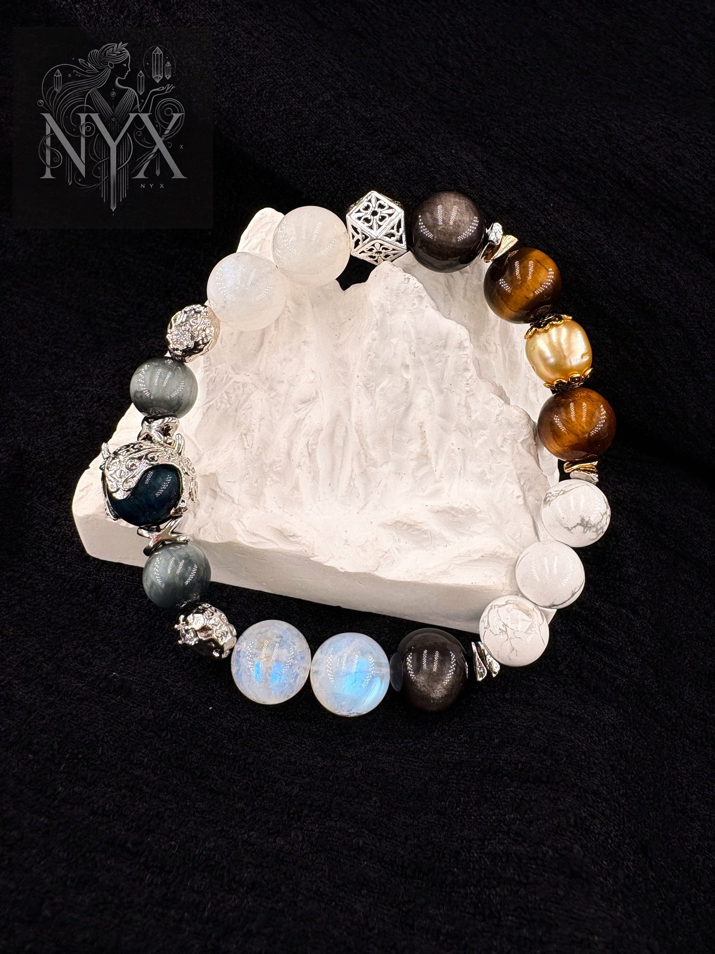 Seven Star Guardian Men's Bracelet-Tiger’s Eye, South Sea Golden Pearl, Blue Moonstone, Silver Obsidian, White Howlite, Silicitied Crocidolite, and Wolf's Eye 12mm