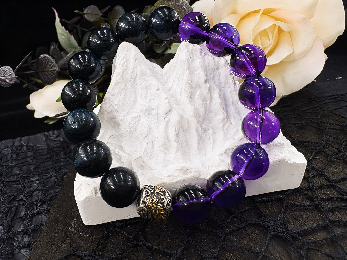 Dreamweaver's Amulet Men's Bracelet-Amethyst&Wolf's Eye 10mm