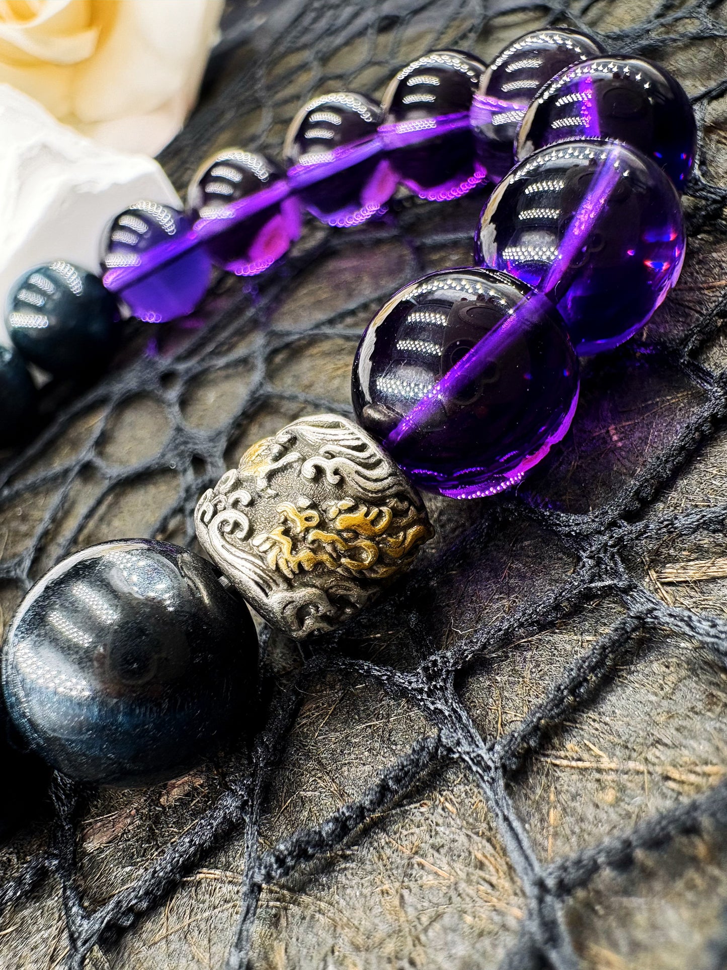 Dreamweaver's Amulet Men's Bracelet-Amethyst&Wolf's Eye 10mm