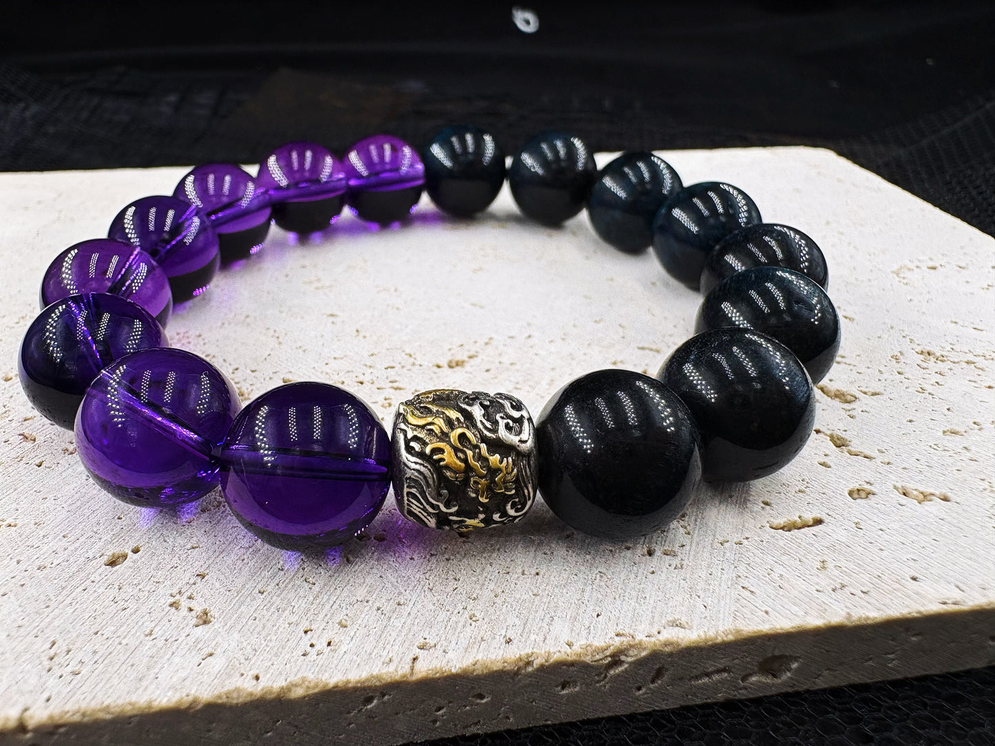 Dreamweaver's Amulet Men's Bracelet-Amethyst&Wolf's Eye 10mm