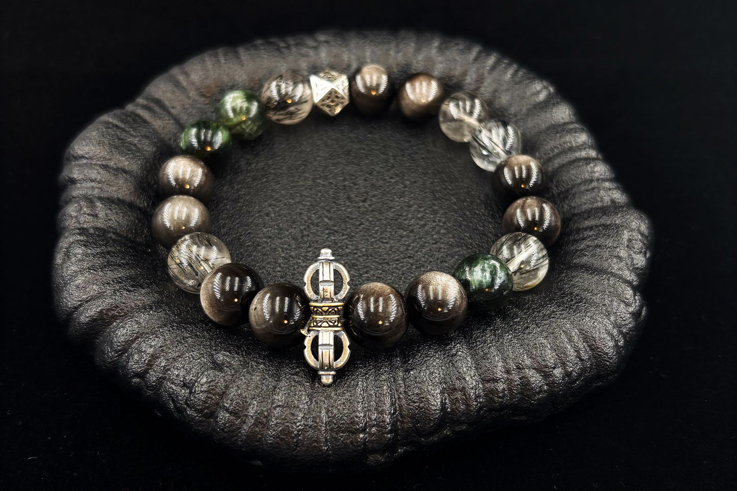 Abyssal Light Men's Bracelet-Rutilated Quartz&Obsidian-Silvery 12mm