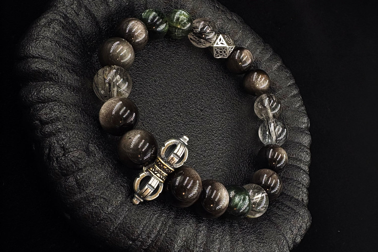 Abyssal Light Men's Bracelet-Rutilated Quartz&Obsidian-Silvery 12mm