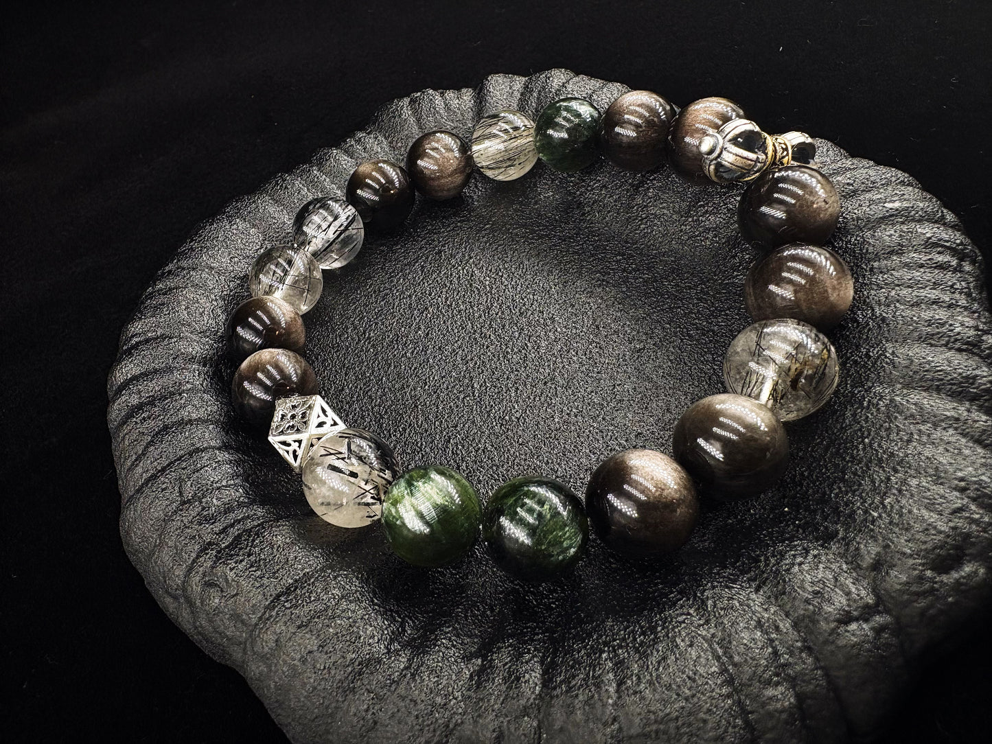 Abyssal Light Men's Bracelet-Rutilated Quartz&Obsidian-Silvery 12mm