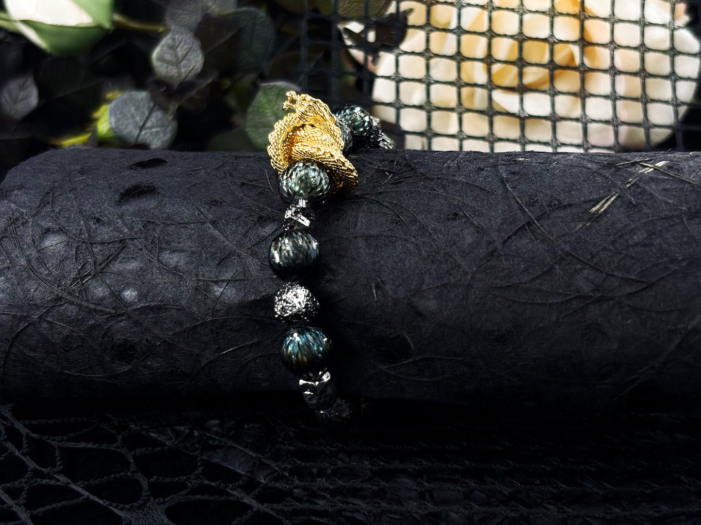 Heart of the Gold Dragon’s Song Men's Bracelet-Tahitian Dragon Scale Pearl&Dragon Coil Accessory 8mm