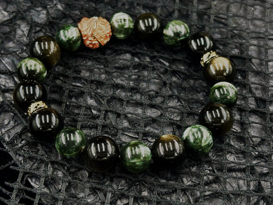 Radiant Dawn Men's Bracelet- Seraphinite&Obsidian-Gold 10-12mm