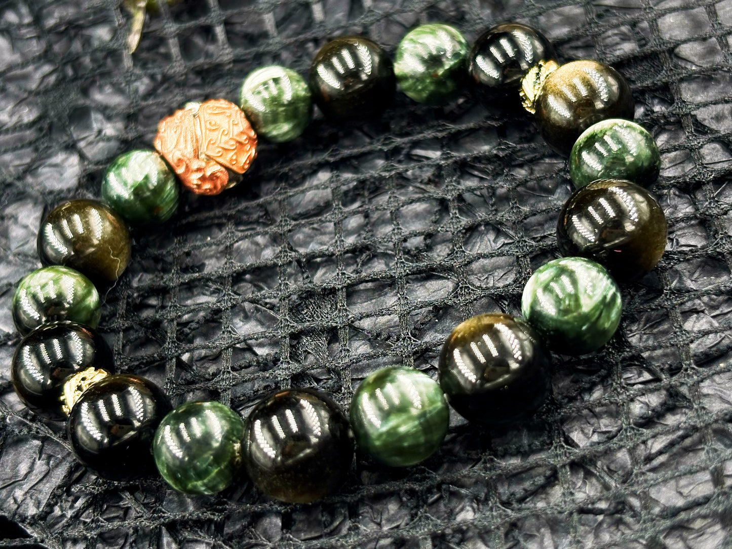 Radiant Dawn Men's Bracelet- Seraphinite&Obsidian-Gold 10-12mm