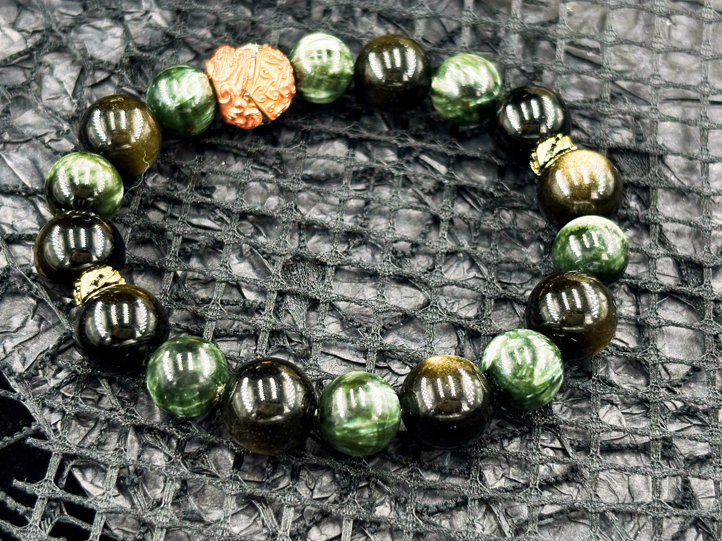 Radiant Dawn Men's Bracelet- Seraphinite&Obsidian-Gold 10-12mm