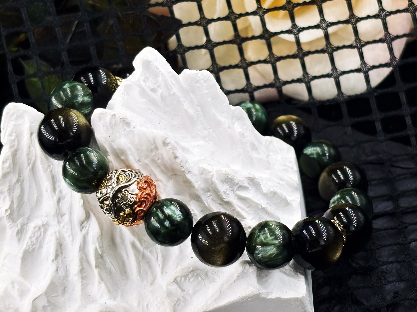 Radiant Dawn Men's Bracelet- Seraphinite&Obsidian-Gold 10-12mm