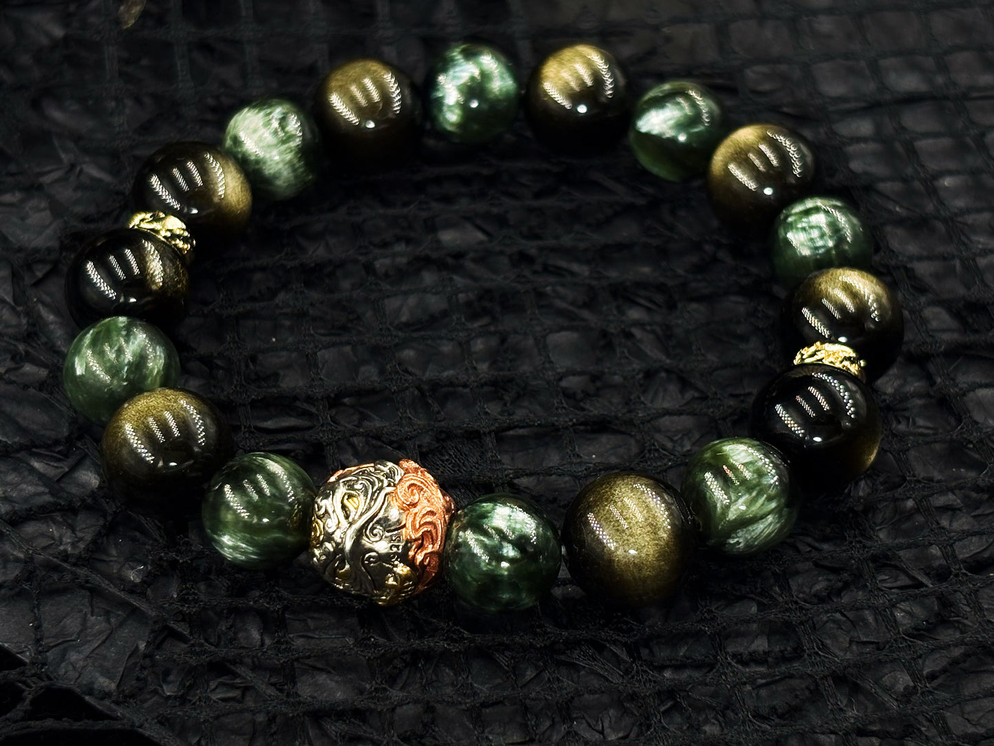 Radiant Dawn Men's Bracelet- Seraphinite&Obsidian-Gold 10-12mm