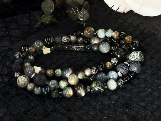 Realm of Radiance Men's Bracelet-Smoky Crystal&Moonstone&Silicitied Crocidolite&Volcanic Rock&Map Stone&Malachite 6-10mm