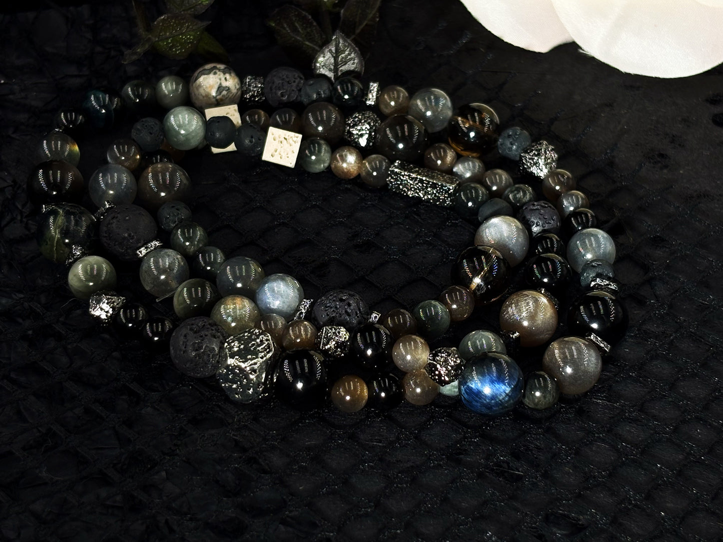 Realm of Radiance Men's Bracelet-Smoky Crystal&Moonstone&Silicitied Crocidolite&Volcanic Rock&Map Stone&Malachite 6-10mm