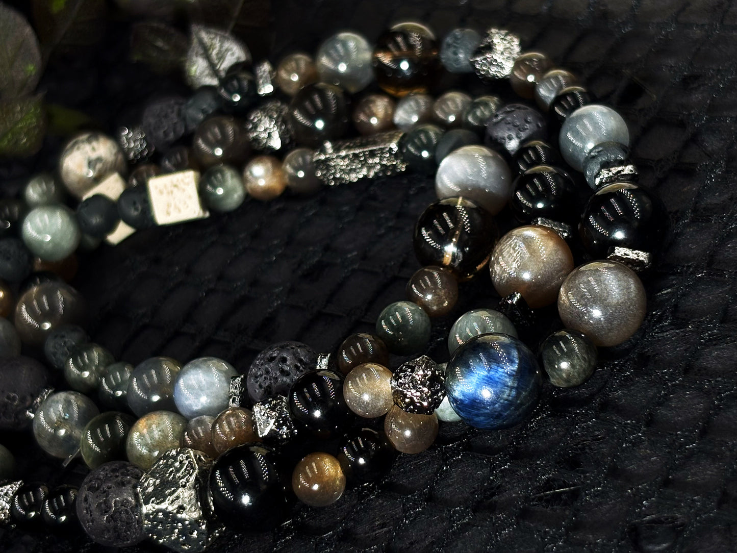 Realm of Radiance Men's Bracelet-Smoky Crystal&Moonstone&Silicitied Crocidolite&Volcanic Rock&Map Stone&Malachite 6-10mm