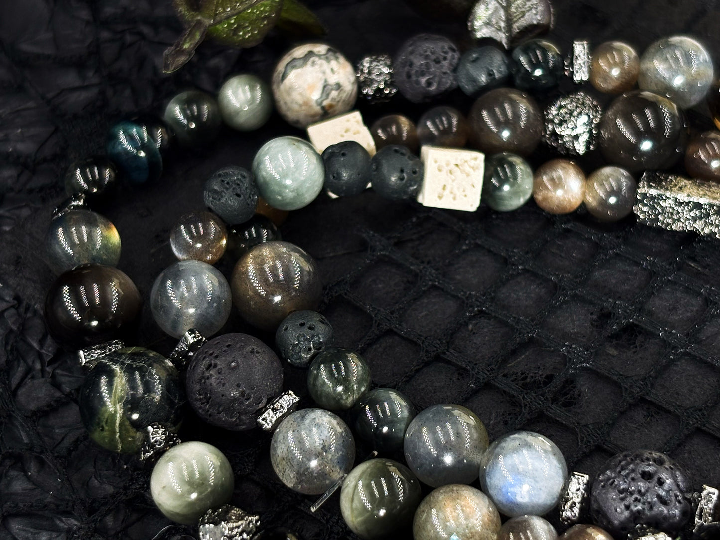 Realm of Radiance Men's Bracelet-Smoky Crystal&Moonstone&Silicitied Crocidolite&Volcanic Rock&Map Stone&Malachite 6-10mm