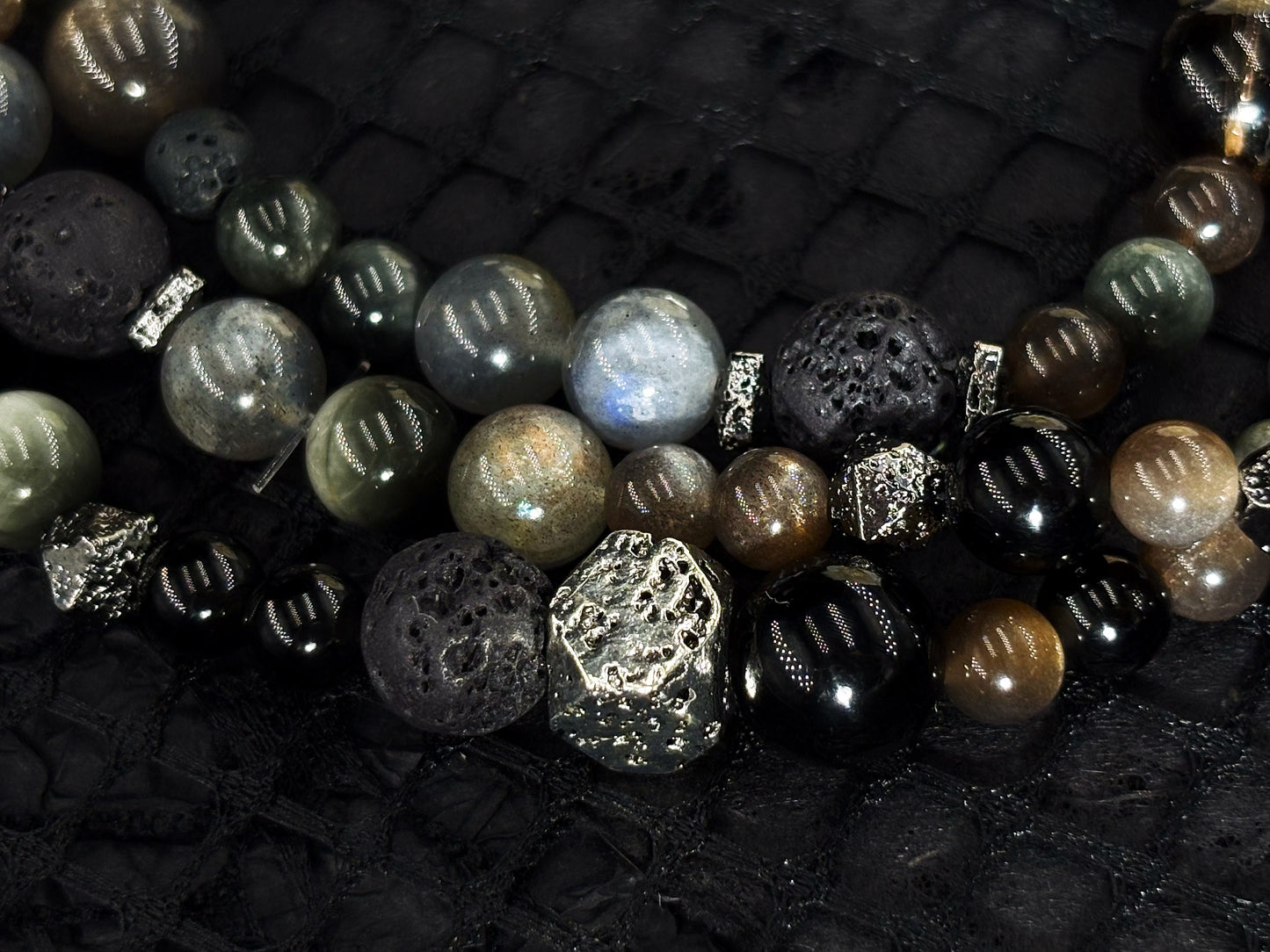 Realm of Radiance Men's Bracelet-Smoky Crystal&Moonstone&Silicitied Crocidolite&Volcanic Rock&Map Stone&Malachite 6-10mm