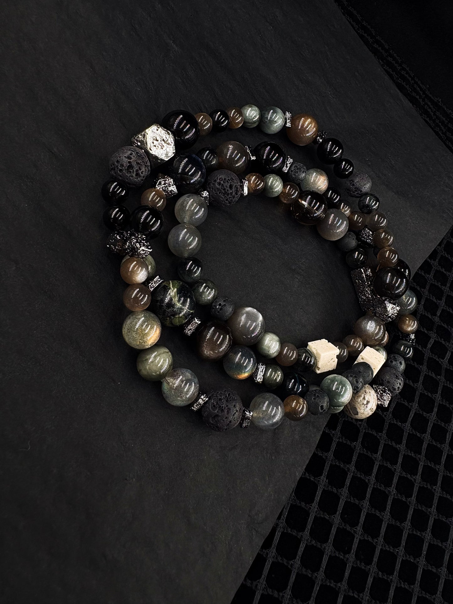 Realm of Radiance Men's Bracelet-Smoky Crystal&Moonstone&Silicitied Crocidolite&Volcanic Rock&Map Stone&Malachite 6-10mm