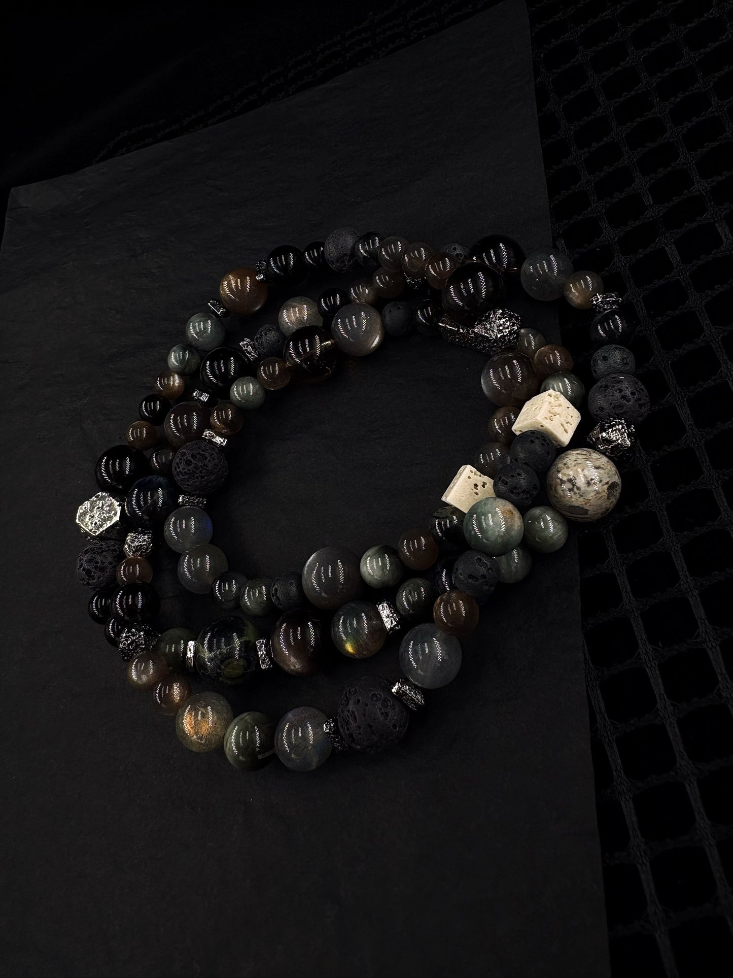 Realm of Radiance Men's Bracelet-Smoky Crystal&Moonstone&Silicitied Crocidolite&Volcanic Rock&Map Stone&Malachite 6-10mm