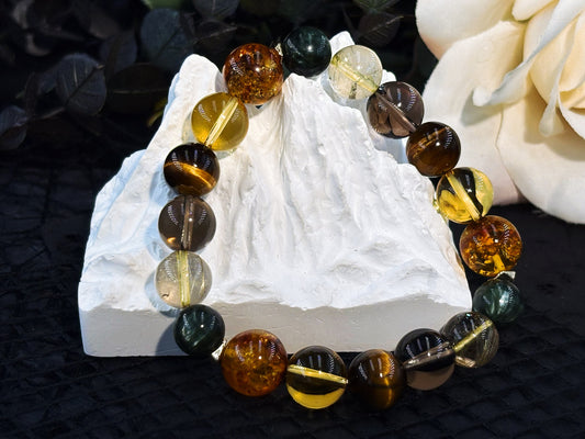 The Brilliant Journey Men's Bracelet-Seraphinite&Gold Rutilated Quartz&Smoky Crystal&Tiger's Eye&Amber 10-12mm