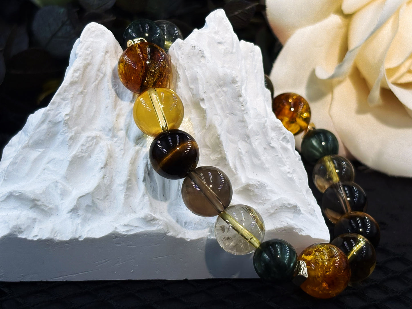 The Brilliant Journey Men's Bracelet-Seraphinite&Gold Rutilated Quartz&Smoky Crystal&Tiger's Eye&Amber 10-12mm