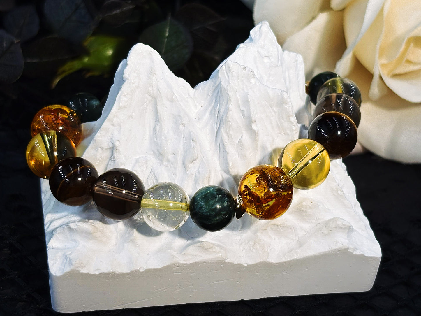 The Brilliant Journey Men's Bracelet-Seraphinite&Gold Rutilated Quartz&Smoky Crystal&Tiger's Eye&Amber 10-12mm