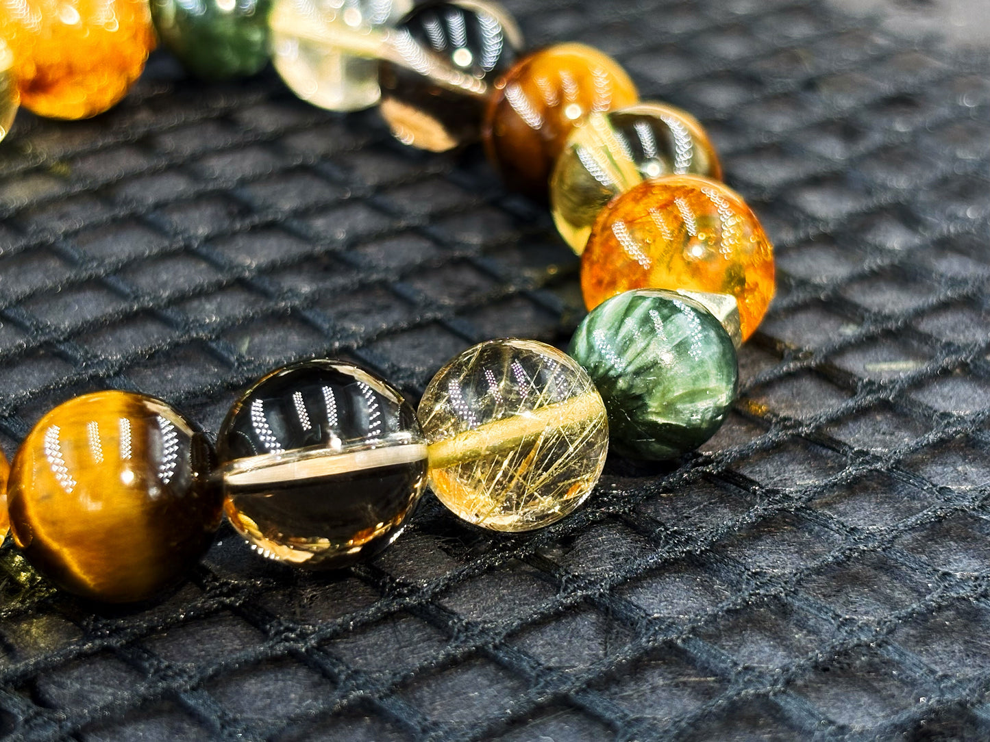 The Brilliant Journey Men's Bracelet-Seraphinite&Gold Rutilated Quartz&Smoky Crystal&Tiger's Eye&Amber 10-12mm