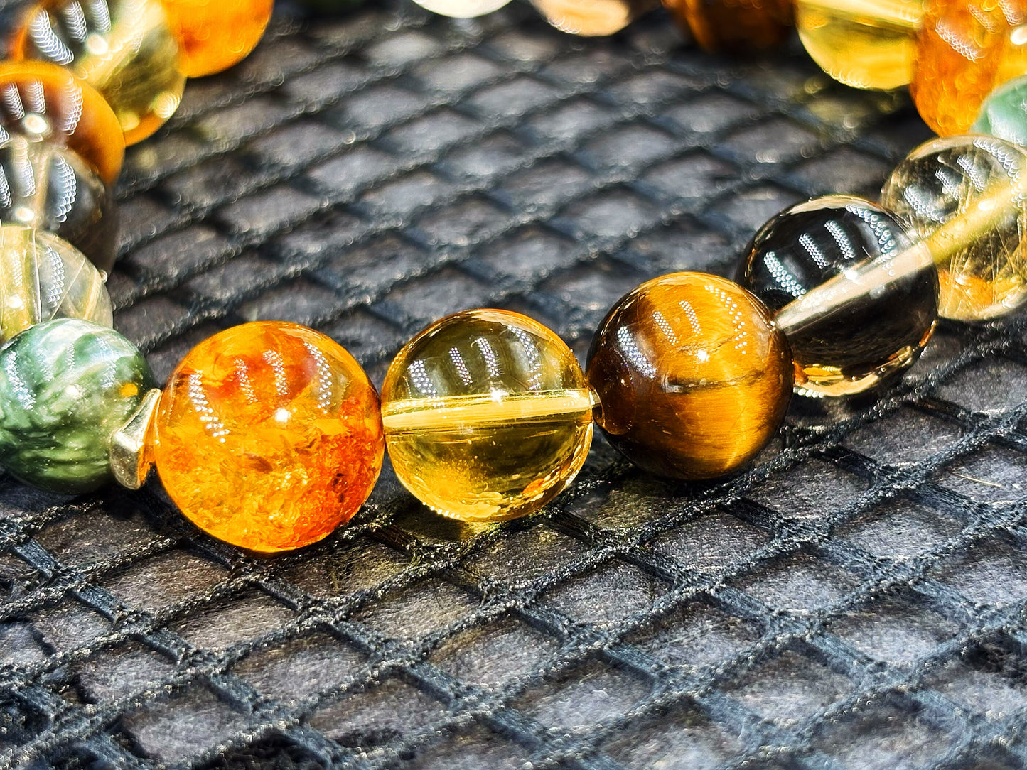 The Brilliant Journey Men's Bracelet-Seraphinite&Gold Rutilated Quartz&Smoky Crystal&Tiger's Eye&Amber 10-12mm