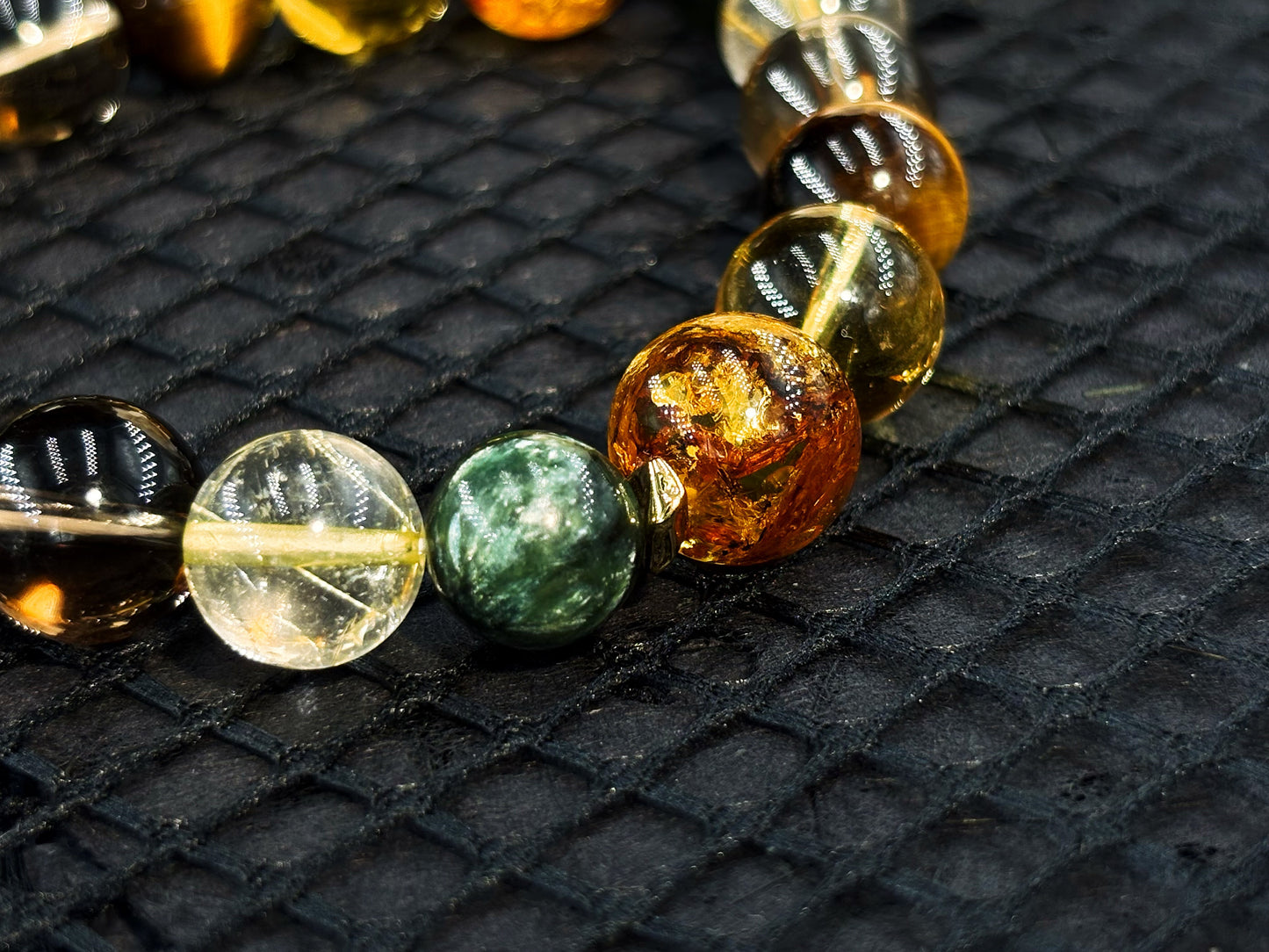 The Brilliant Journey Men's Bracelet-Seraphinite&Gold Rutilated Quartz&Smoky Crystal&Tiger's Eye&Amber 10-12mm