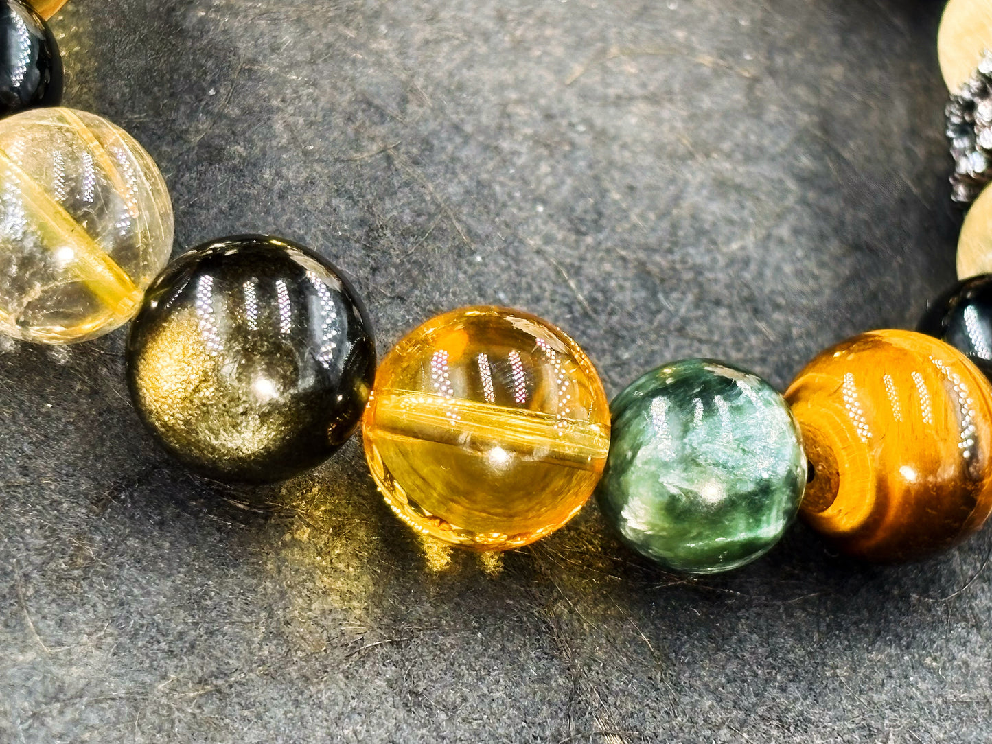 The Brilliant Journey Men's Bracelet-Seraphinite&Gold Rutilated Quartz&Smoky Crystal&Tiger's Eye&Amber 10-12mm