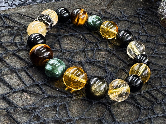 Ender of Chaos Men's Bracelet-Golden Rutilated Quartz&Citrine&Tiger's Eye&Black Onyx&Seraphinite&Rainbow Obsidian&Obsidian-Glod 10-12mm