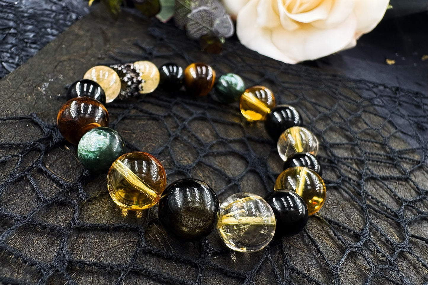 Ender of Chaos Men's Bracelet-Golden Rutilated Quartz&Citrine&Tiger's Eye&Black Onyx&Seraphinite&Rainbow Obsidian&Obsidian-Glod 10-12mm