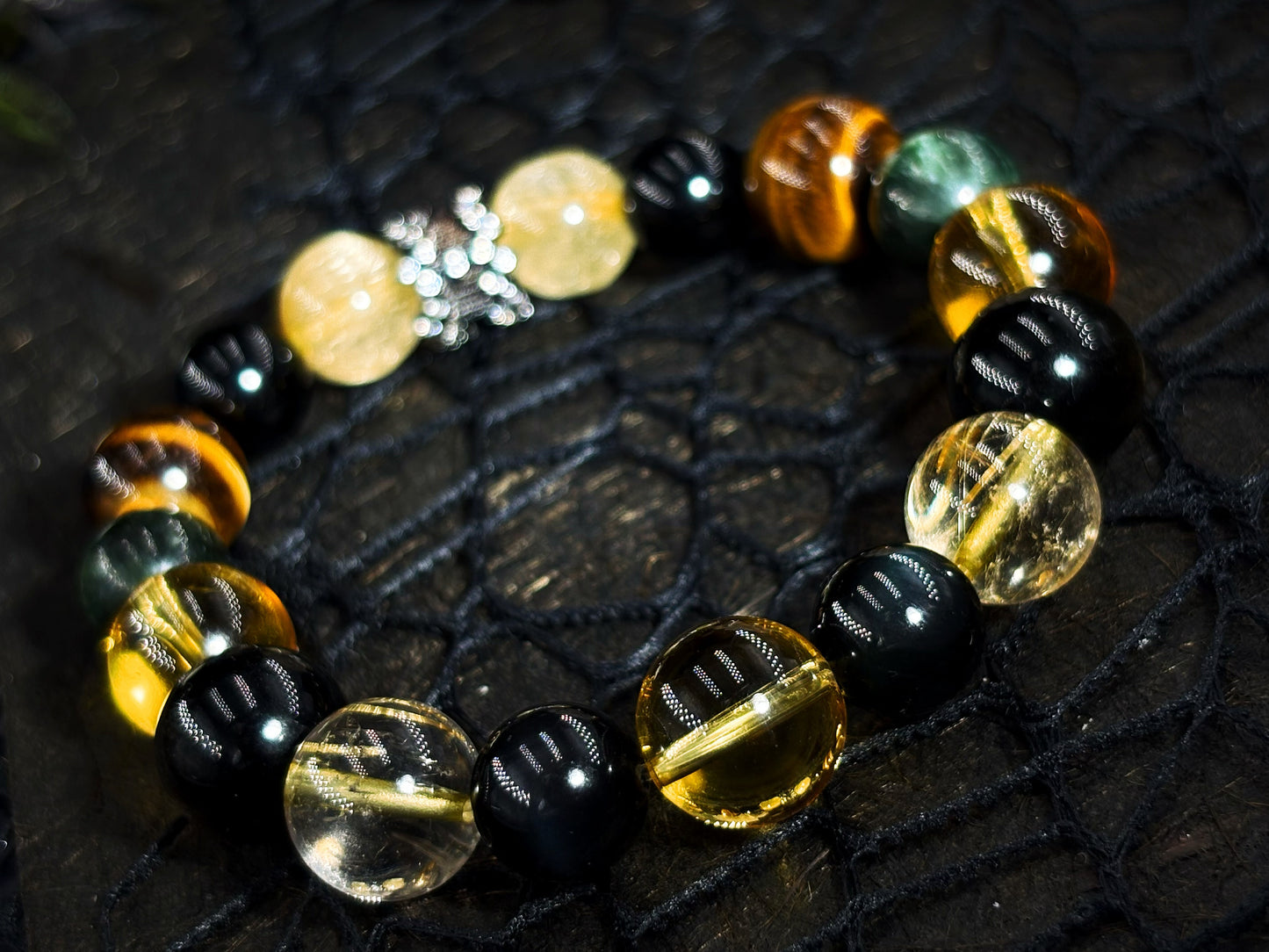 Ender of Chaos Men's Bracelet-Golden Rutilated Quartz&Citrine&Tiger's Eye&Black Onyx&Seraphinite&Rainbow Obsidian&Obsidian-Glod 10-12mm