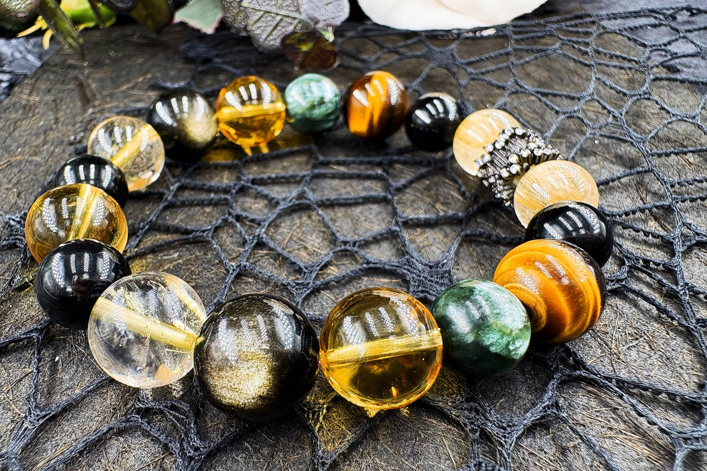 Ender of Chaos Men's Bracelet-Golden Rutilated Quartz&Citrine&Tiger's Eye&Black Onyx&Seraphinite&Rainbow Obsidian&Obsidian-Glod 10-12mm