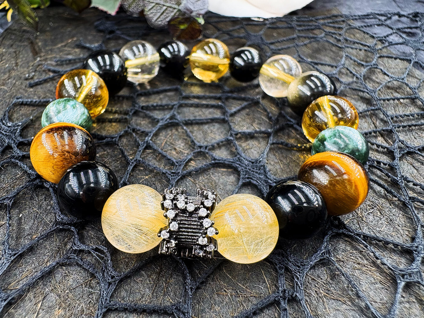 Ender of Chaos Men's Bracelet-Golden Rutilated Quartz&Citrine&Tiger's Eye&Black Onyx&Seraphinite&Rainbow Obsidian&Obsidian-Glod 10-12mm